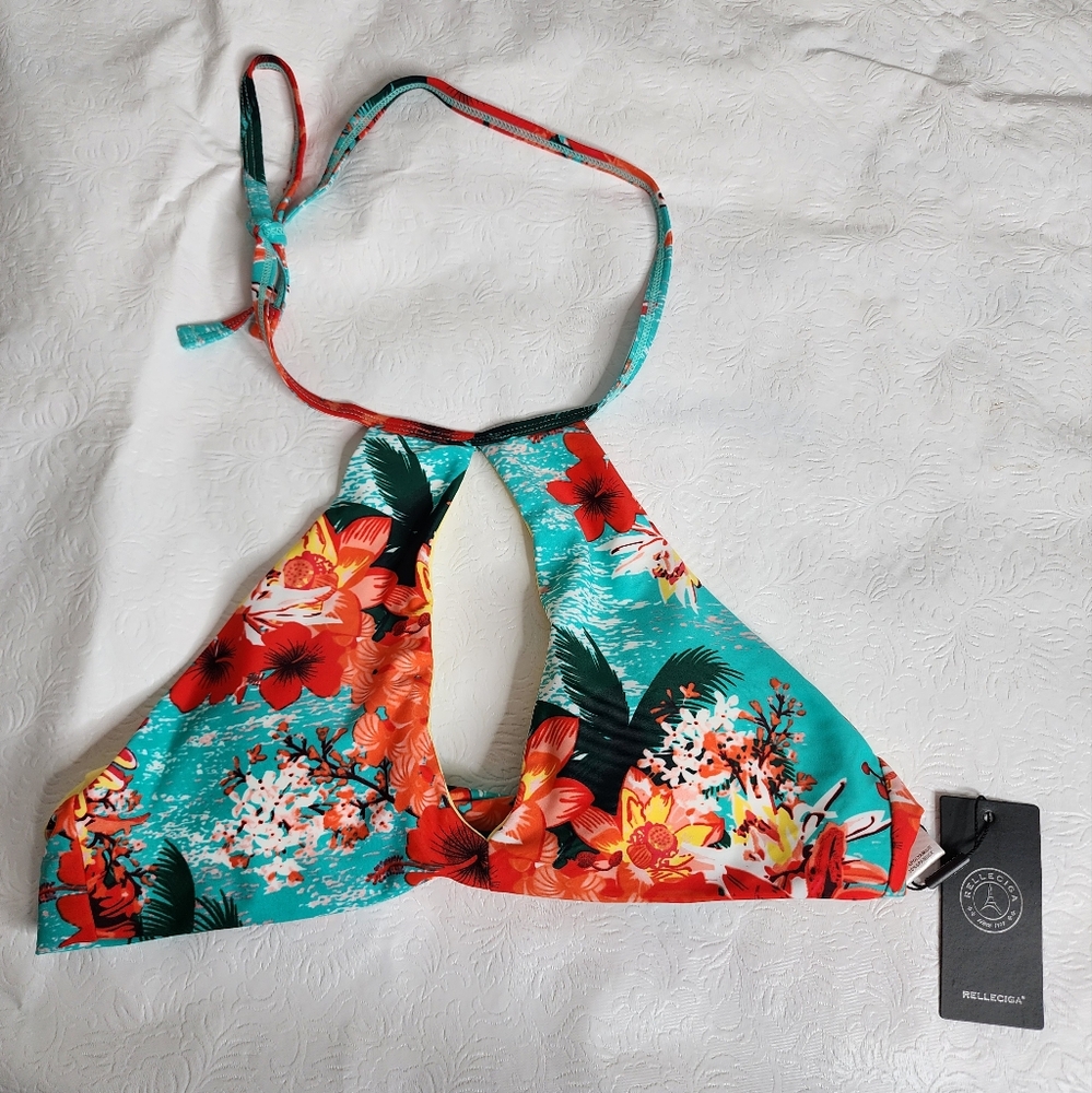 Relleciga Swimsuit Bikini Top Tropical Teal Orange Floral Women's Size Small NWT